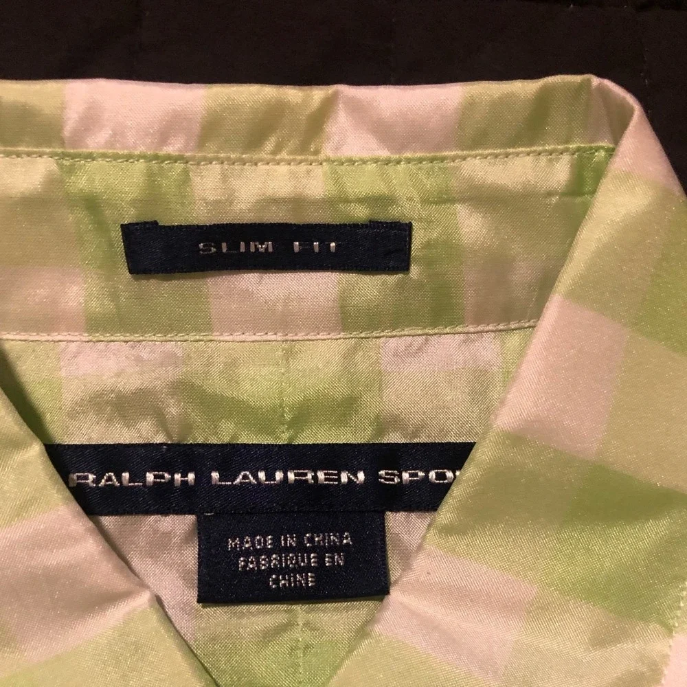 Ralph Lauren Sport Silk‎ Button Down Shirt Green Plaid Slim Fit Size S
